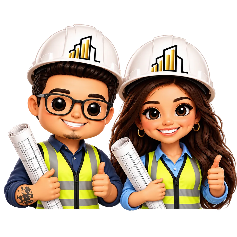 Los personajes de Ingenieros y Licencias con cascos, chalecos y planos