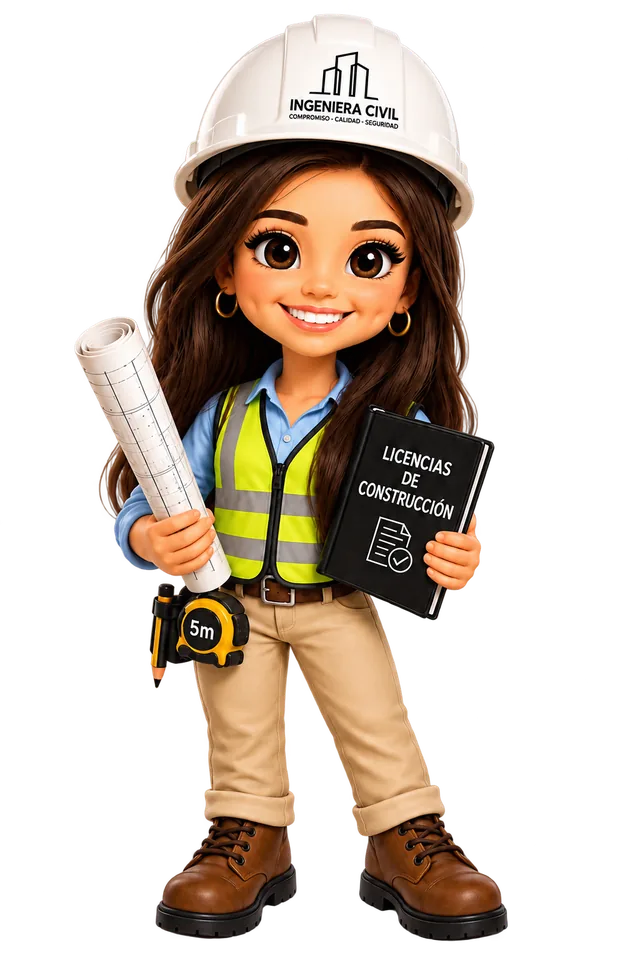 Personaje de Sara Suárez con casco, planos y carpeta